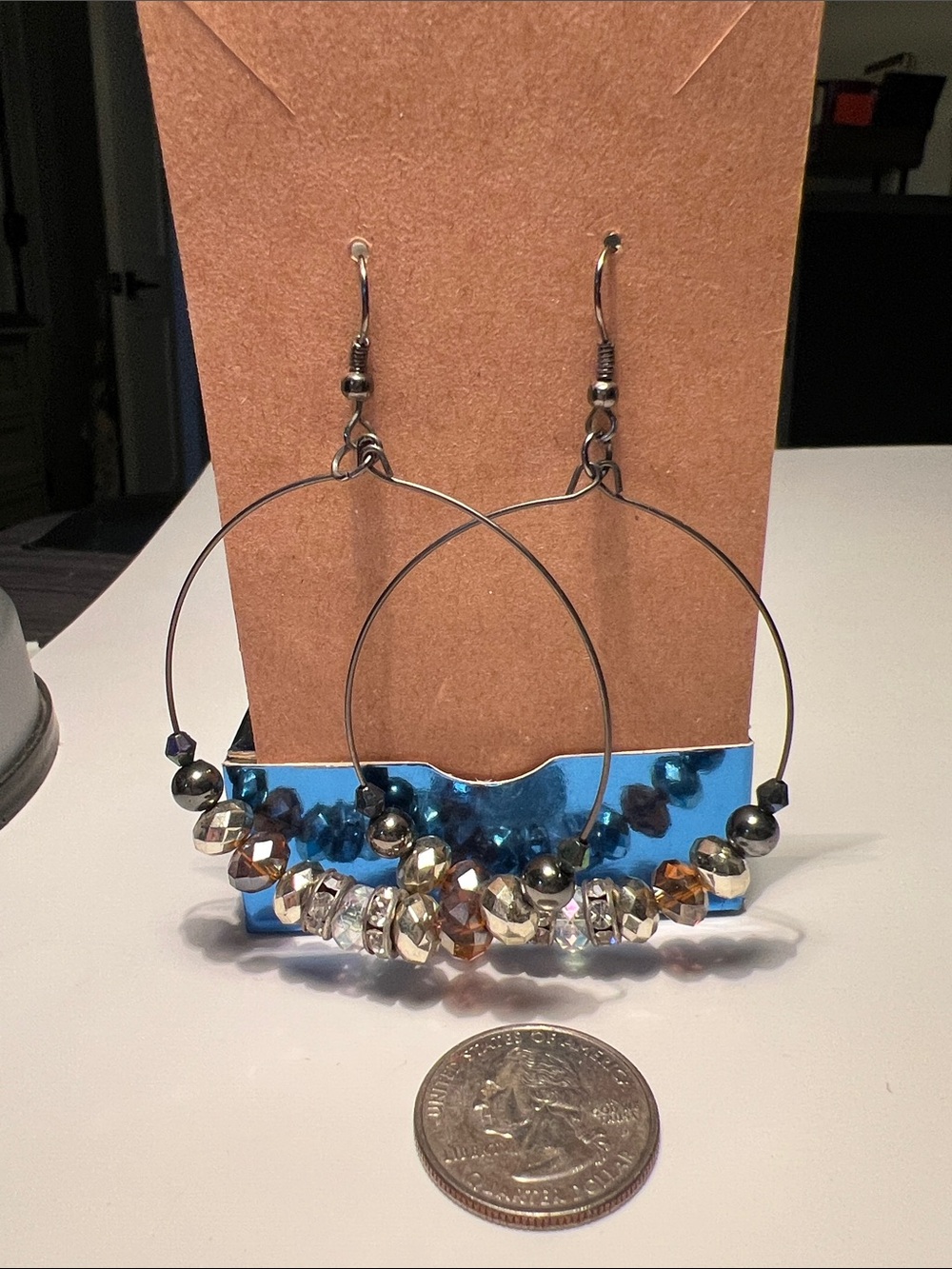 Beaded Hoop Drop Earrings - Iridescent Brown & Silver
